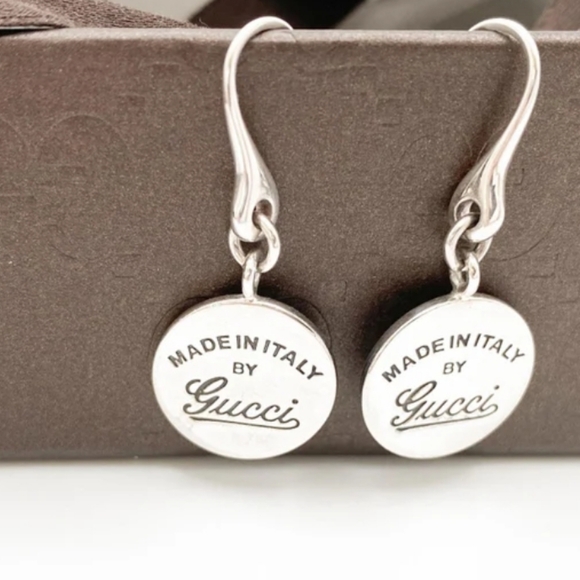 Auth GUCCI Signature Logo Round Tag Sterling Sliver Drop Earrings/New Gorgeous - Picture 4 of 7